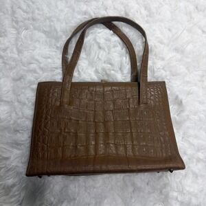 Vintage 60's Crocodile Alligator Bag Carry Purse Brown Double Handle Clasp Lock